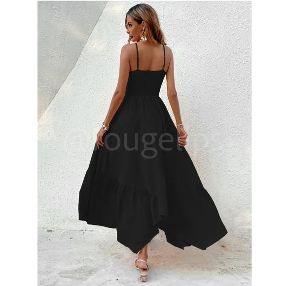 Shirred Cami Black Flared Maxi Long Dress Asymmetrical Hem - Picture 3 of 5